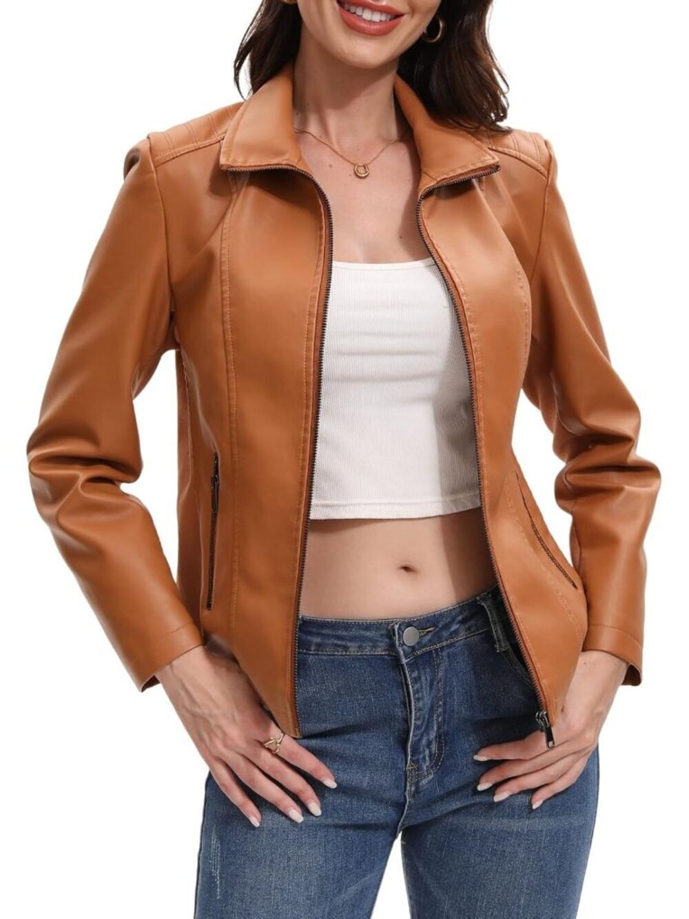 Camel Color Leather Jacket for Women Motorcycle Fashion Zip Up Coat Trendy